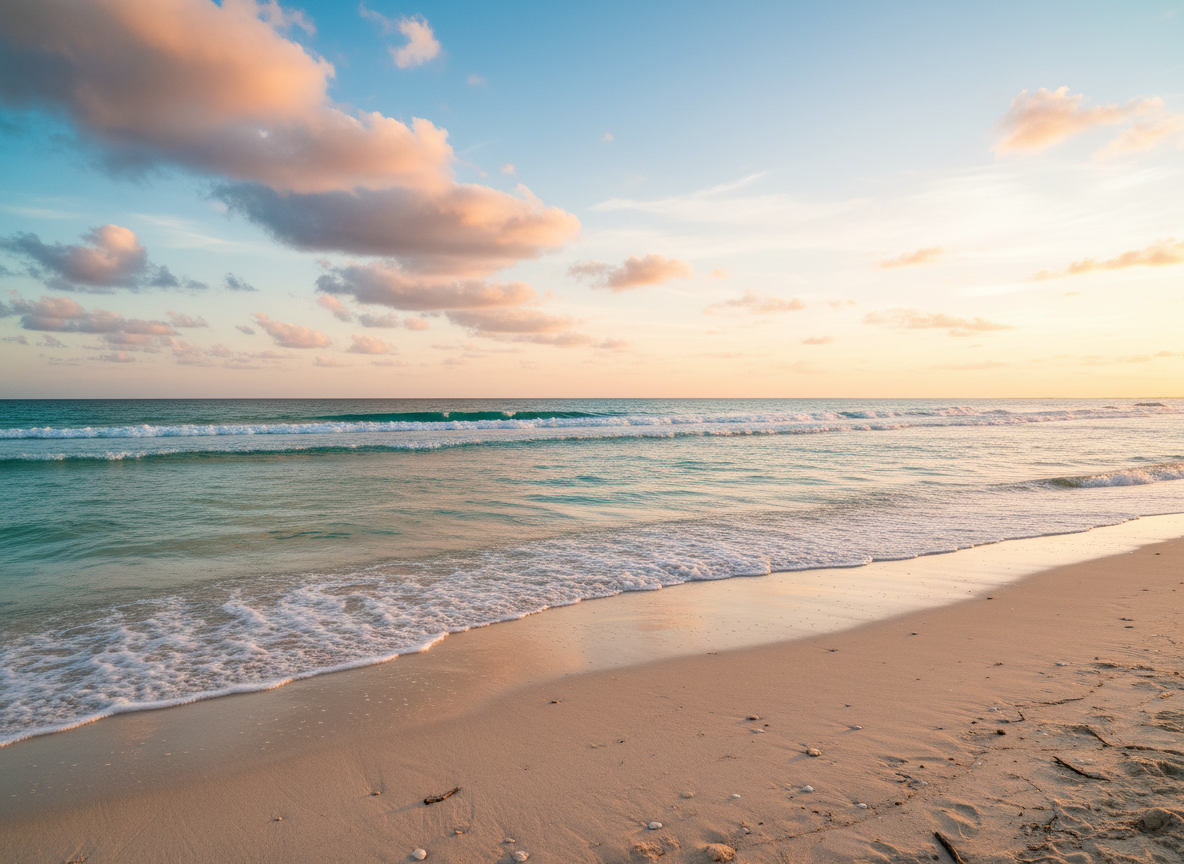 Scenic Pensacola Beach coastline with gentle emerald waves and soft pastel sunset clouds